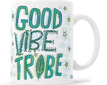 Good Vibes Only mug, Rustic Vintage Boho Style mug, Good Vibe Tribe mug, Vintage Style mug, Feathers, Festival, Rhinestone Style