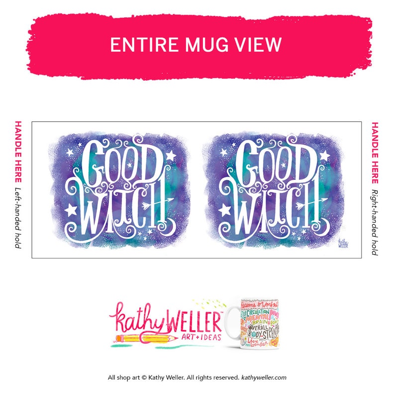Pu&ograve; includere: Tazza in ceramica bianca con uno sfondo acquerellato viola e blu che presenta il testo "Good Witch" in bianco. La tazza &egrave; mostrata su uno sfondo bianco.