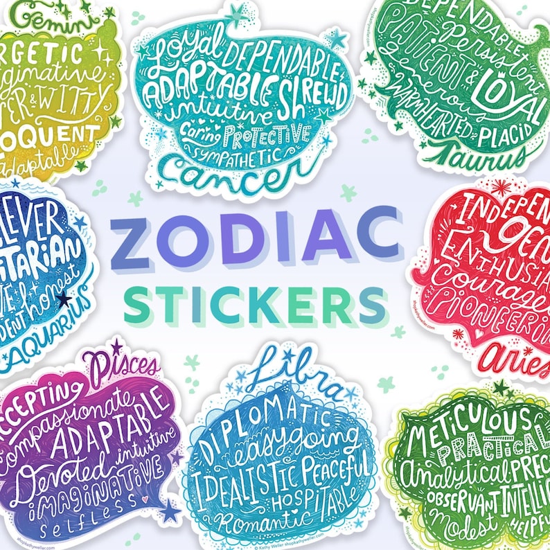 May include: A collection of colorful zodiac stickers with various astrological signs. Each sticker features a unique design with words describing the sign's traits. The word "Zodiac Stickers" is written in the center.