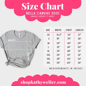 May include: Size chart for Bella Canvas 3001 unisex jersey t-shirts. The chart shows measurements in inches for width, chest, and length for sizes XS to 4XL.