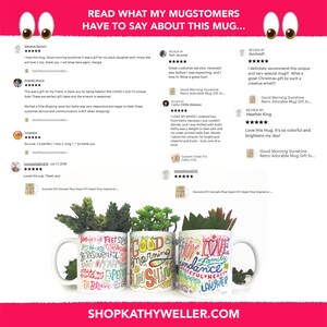 May include: Three colorful ceramic mugs with inspirational quotes and designs. The mugs feature a variety of colors and patterns, including blue, green, yellow, orange, pink, and purple. The mugs are decorated with hand-drawn lettering and illustrations. The mugs are displayed on a white background with green plants.
