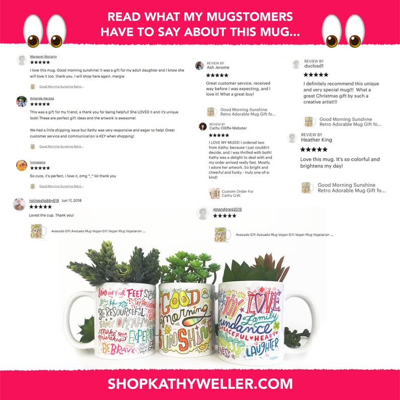 May include: Three colorful ceramic mugs with inspirational quotes and designs. The mugs feature a variety of colors and patterns, including blue, green, yellow, orange, pink, and purple. The mugs are decorated with hand-drawn lettering and illustrations. The mugs are displayed on a white background with green plants.