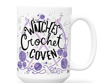 Witches Crochet Coven Mug, Pagan Humor Mug, Purple Witch Knit Crochet Mug, Wiccan Mug, Celestial Witch Mug