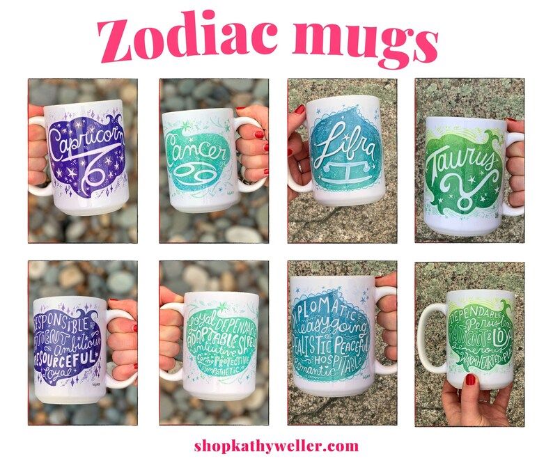 May include: Set of 10 white ceramic mugs with zodiac signs and personality traits printed on them. The mugs are green, blue, and purple with white lettering. The mugs are arranged in two rows of five.