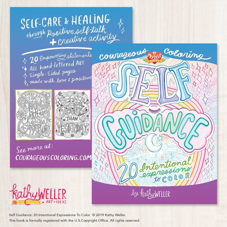 K&ouml;nnte beinhalten: Ein Cover f&uuml;r ein Malbuch mit einem Regenbogenhintergrund und dem Text "Self Guidance: 20 Intentional Expressions to Color" von Kathy Weller. Das Cover zeigt eine rosa, blaue und gr&uuml;ne Illustration des Wortes "Self" mit einem Regenbogen und Wolken dahinter.