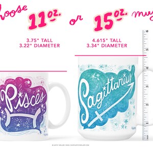 two coffee mugs with measurements for each of them
