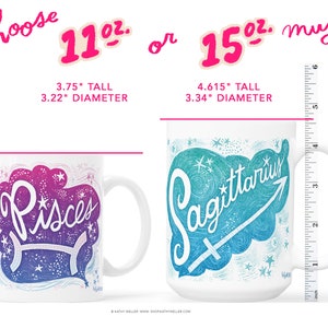 two coffee mugs with measurements for each of them