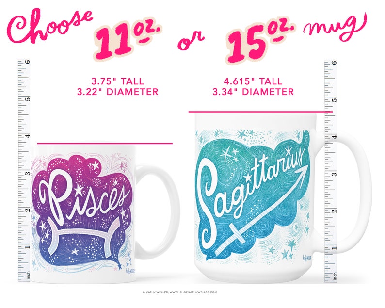 two coffee mugs with measurements for each of them