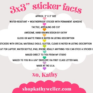 May include: A light beige graphic with text describing 3x3 inch stickers. The text includes details about the stickers being water-resistant, weatherproof, and having a permanent adhesive. The stickers are hand-drawn and can be applied to various items.
