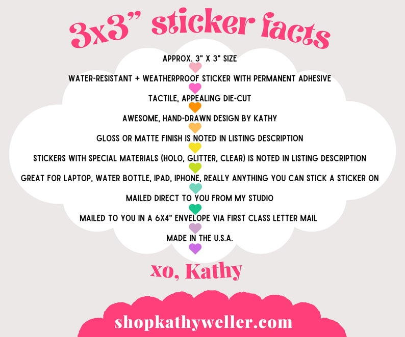 May include: A light beige graphic with text describing 3x3 inch stickers. The text includes details about the stickers being water-resistant, weatherproof, and having a permanent adhesive. The stickers are hand-drawn and can be applied to various items.