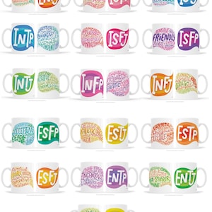 May include: Set of 16 white ceramic mugs with colorful word clouds depicting different Myers-Briggs personality types. Each mug features a unique color scheme and a word cloud that describes the personality type. The mugs are arranged in four rows of four, with each row representing a different personality type.
