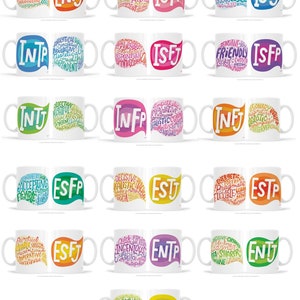 May include: Set of 16 white ceramic mugs with colorful word clouds depicting different Myers-Briggs personality types. Each mug features a unique color scheme and a word cloud that describes the personality type. The mugs are arranged in four rows of four, with each row representing a different personality type.