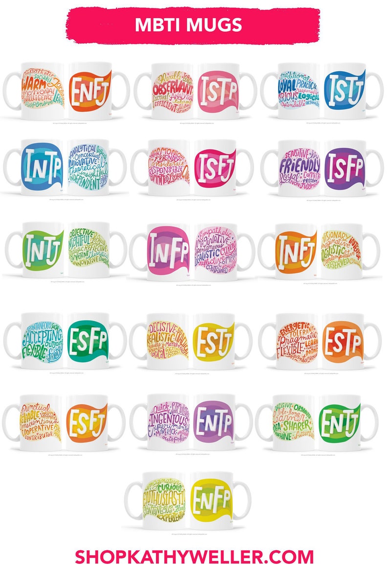 May include: Set of 16 white ceramic mugs with colorful word clouds depicting different Myers-Briggs personality types. Each mug features a unique color scheme and a word cloud that describes the personality type. The mugs are arranged in four rows of four, with each row representing a different personality type.