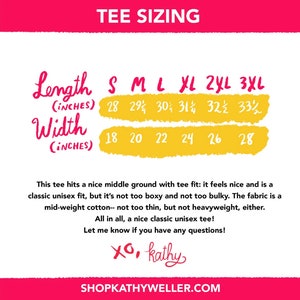 May include: A yellow and white chart with the text "TEE SIZING" at the top. The chart shows the length and width measurements in inches for different sizes of a tee shirt: S, M, L, XL, 2XL, and 3XL.