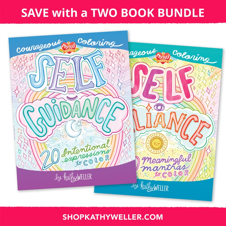 K&ouml;nnte beinhalten: Zwei Malb&uuml;cher mit Regenbogen-Designs und den Worten "Self Guidance" und "Self Reliance" auf den Covern. Die B&uuml;cher sind Teil einer "My Self Series" und enthalten 20 bewusste Ausdr&uuml;cke und bedeutungsvolle Mantras zum Ausmalen. Die B&uuml;cher sind von Kathy Weller.