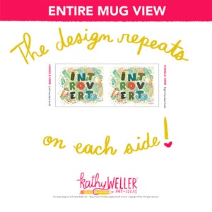 May include: White ceramic mug with a green, yellow, and brown design featuring the words "INT ROV ERT" and small birds. The design repeats on both sides of the mug.