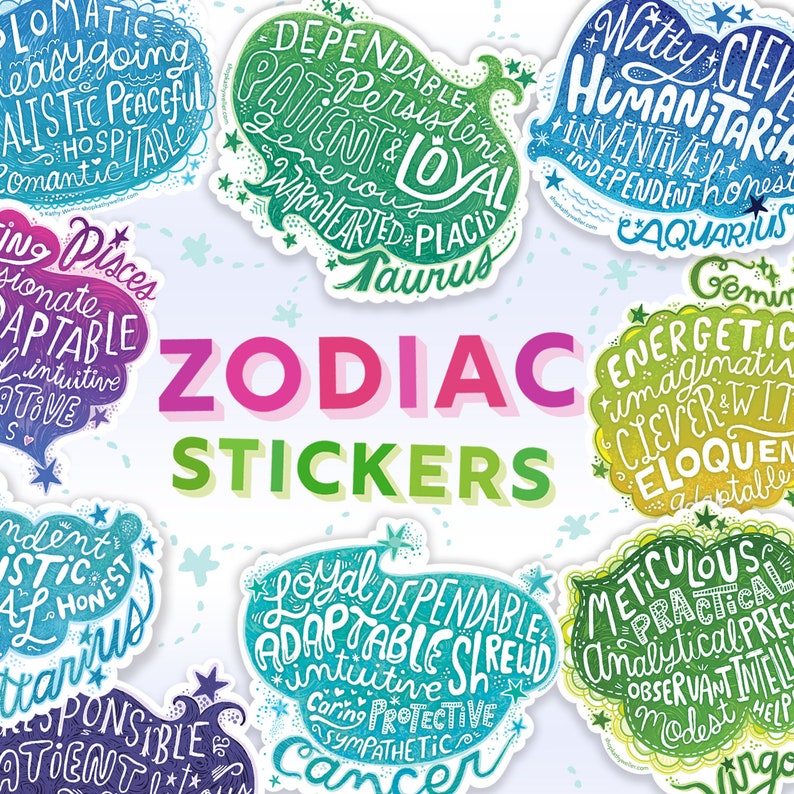 Puede incluir: Un conjunto de 12 pegatinas del zod&iacute;aco coloridas con los signos astrol&oacute;gicos y sus rasgos de personalidad asociados. Las pegatinas son de varios colores, incluidos el azul, el verde, el rosa y el morado. El texto en las pegatinas est&aacute; escrito a mano.