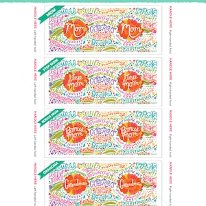 May include: Four colorful mugs with different designs featuring the words "Mom", "Step Mom", "Bonus Mom", and "Grandma" surrounded by positive adjectives. Each mug has a handle on the left and right side.