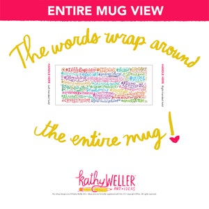 May include: A white ceramic mug with a colorful design featuring the words "I love embroidery", "stitching", "thread", "needle art", "embroidery thread", "cross stitching", and more. The words wrap around the mug.
