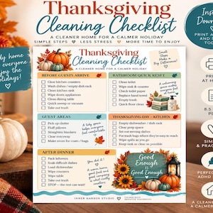 May include: A printable Thanksgiving Cleaning Checklist document featuring sections for before guests arrive, bathroom resets, guest areas, and kitchen tasks. The page includes autumn-themed graphics like pumpkins, sunflowers, and a lantern.