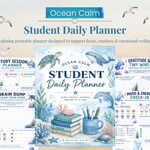 May include: A printable student daily planner with an ocean theme, featuring watercolour illustrations of sea creatures, a stack of books labelled Focus, Learn, Grow, Believe, and a mug with the text Stay Calm Stay Curious Keep Going.