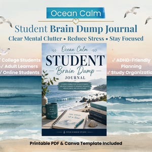 May include: A spiral-bound journal titled Ocean Calm Student Brain Dump Journal with a cover illustration of a coastal scene. The journal sits on a wooden surface next to a teal mug, a pen, and a seashell, with a stack of books labelled Focus, Plan, Stay Calm, and Keep Going.