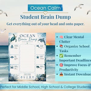 Schüler Brain Dump Printable | Ocean-Themen Studie Organizer | ADHS freundliches Arbeitsblatt | Schulplaner Seite | Sofort Download PDF