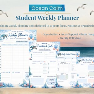 Op de afbeelding: Een set van vier Ocean Calm studentenweekplanner-pagina's met aquarelillustraties van zeeschildpadden, schelpen en koraal. De tekst bevat Ocean Calm, Student Weekly Planner, Weekly Priorities & Goals, Study Session Planner en Clear Your Mind.