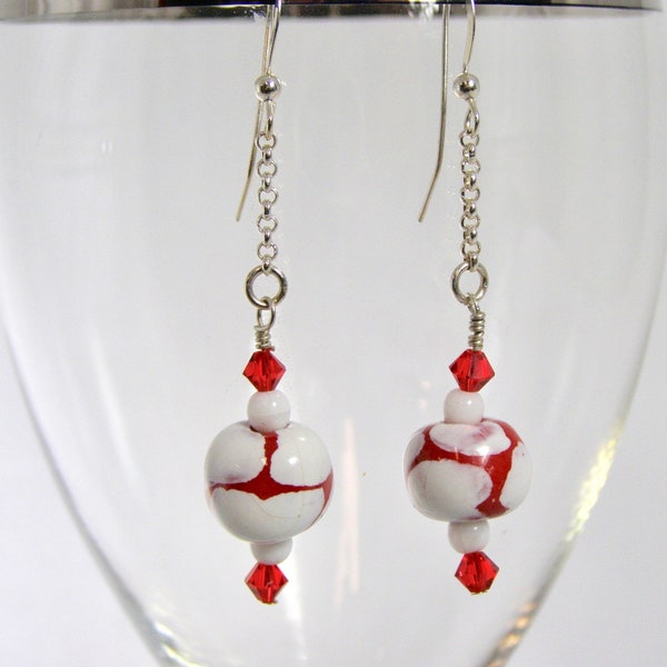 iWomen's Earrings,Red and White,African Kazuri Beads,Mary Ellen Designs,Accessories,Gifts For Her,Sterling Silver,Dangle Earrings,Valentine