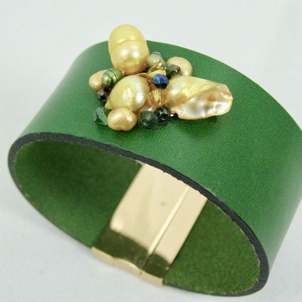 Green and Gold Wide Cuff Bracelet,Women's Leather Bracelets,Swarovski,Mary Ellen Designs,Gifts For Her,NDSU, Packers,Wisconsin,North Dakota