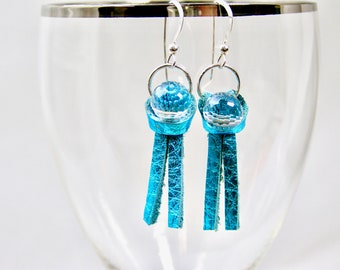 Earrings,Women's Earrings,Sparkle Drop,Dangle,Women's Jewelry,Sterling Silver Ear Wires,Leather Jewelry,Mary Ellen Designs,Turquoise,Gold