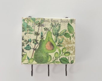 Avocado Wall Key Hanger Herbs Olives with 3 Black Hooks White Shabby Distressed Paint Country Cottage Style