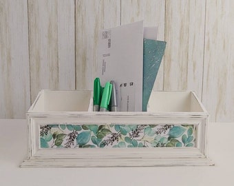 White Wood Mail Organizer Desktop Letter Holder Modern Farmhouse Home Office Craft Room Decorative Storage