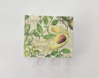 Avocado Wall Key Hanger Herbs Olives with 3 Hooks White Shabby Distressed Paint Country Cottage Style