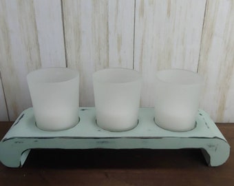 Sage Green Votive Holder, Rustic Wooden Curved Candle Tray, Shabby Distressed Cottage Decor, Frosted Glass Votives