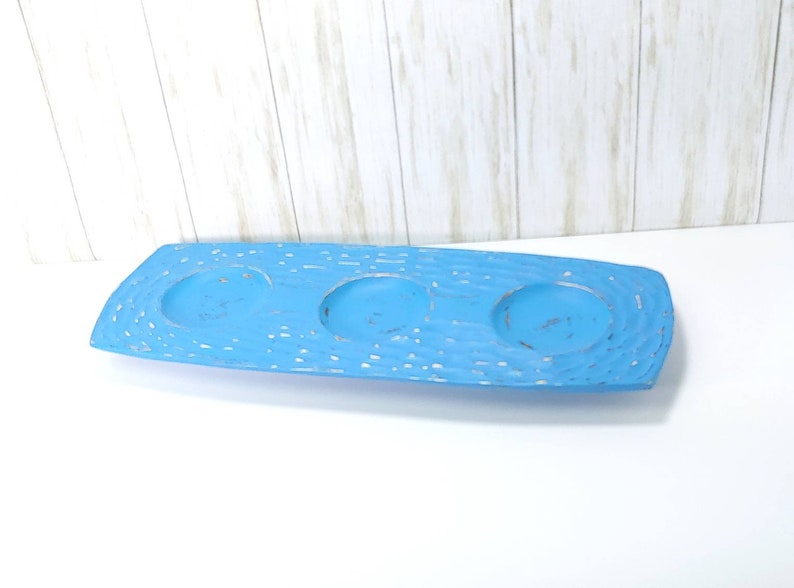 Turquoise Candle Holder Shabby Distressed Beach Cottage Decor Wooden Candle Tray image 3