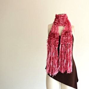 Pink Ribbon Scarf, Pretty Pink and Burgundy Soft Scarf with Long Fringe Pink