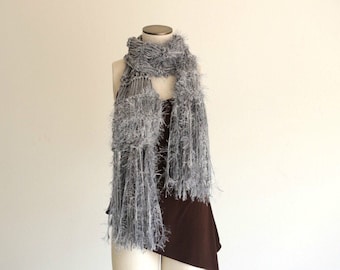 Long Grey Scarf Knit Scarf Grey Scarves for Women Grey Winter Scarf Fringe Soft Grey Scarf Silvery Grey Knit Accessories Chunky Knit Scarf