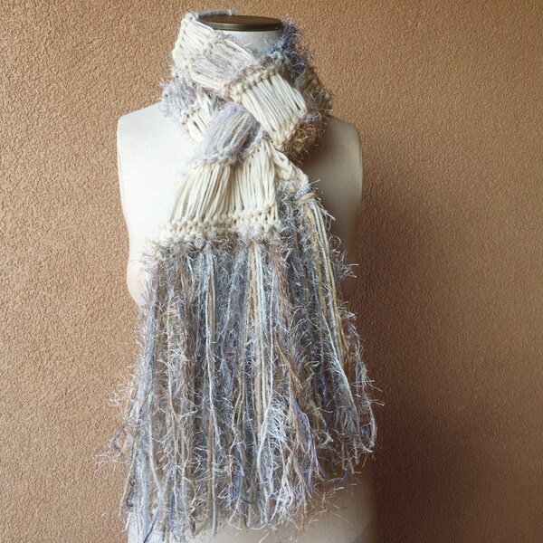 Thick Scarf Knit with Cream, Beige, Grey, Tan, Ivory Scarf Knit Scarf Warm Scarf Sparkle Fringe Scarf Celeste Meyeres Scarf Sweater Scarf