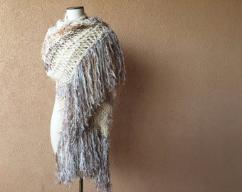 Extra Long Scarf Fringe Knit Accessories. Wide Scarf Hand Knit Scarf Extra Length Ivory Cream, Taupe, Beige, Grey Shawl Shoulder Wrap