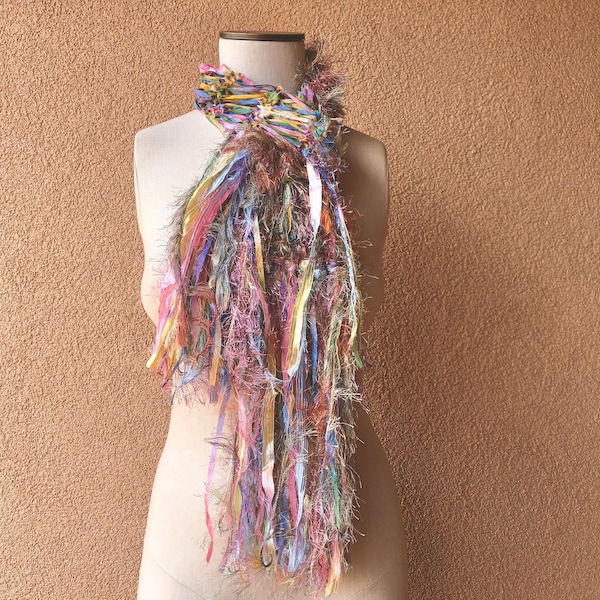 Rainbow Fringe Scarf. Garden Pastel Rainbow Scarf Rainbow Ribbon Scarf Multicolor Rainbow Fashion Scarf Knit Accessories for Women