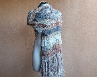 Stripes Scarf. Hand Knit Cotton Wrap with Other Vegan Fibers. Large Size, Fringe, Natural Vibe, Earth Tone Colors