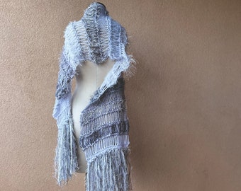 Winter Knit Scarf Autumn Wrap In Grey, White with Fringe. Extra Big Scarf
