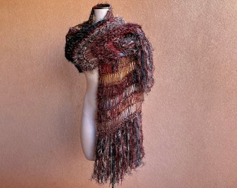 Cedar Brown and Green Scarf Knit Wrap with Rust, Burnt Orange, Sparkles for Scorpio Gift, Sagittarius Gift for Taurus