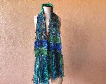 Aquatic Scarf Knit Ribbon Scarf with Blue Green Teal Sparkle Mermaid Scarf. Long Fringe. Gift for Aquarius Gift for Pisces Gift