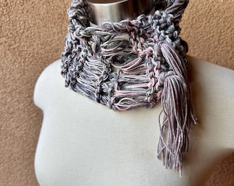 Hand Knit Infinity Scarf, Pink and Grey with Tassels and Sparkle Threads
