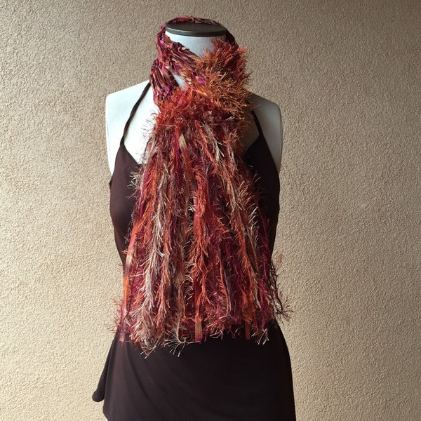 Cherries Flambe Handknit Ribbon Scarf - Copper, Rust, Brown, Red, Burgundy, Amber, Auburn
