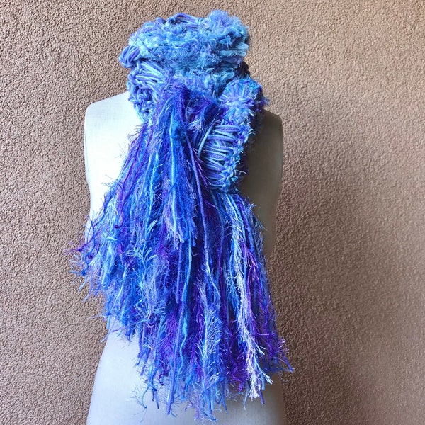 Blue and Purple Scarf, Fringe, Light Blue and Violet Hand Knit Crickets Creations Scarf "Lavender Lake"