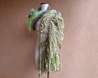 Earth Tones Knit Scarf, Long Wrap with Fringe. Light Green, Beige Brown Womens Large Scarf