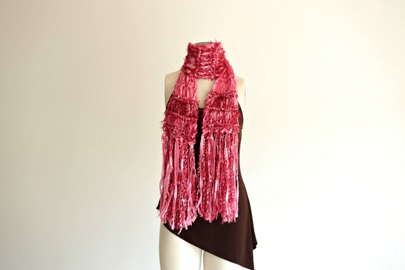 Pink Ribbon Scarf, Pretty Pink and Burgundy Soft Scarf with Long Fringe Pink